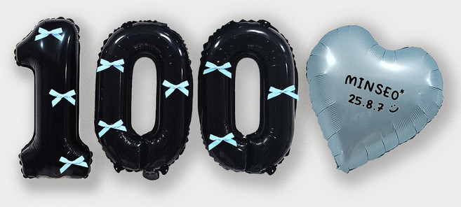 올리브파티 숫자 풍선 + 발레코어 리본 9p 레터링하트 세트, 숫자풍선100(블랙), 리본(블루), 1세트