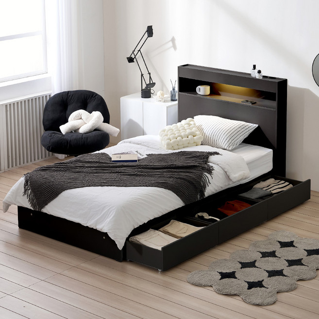 서울소호 트리플 LED 수납 침대프레임 단품 방문설치, 블랙