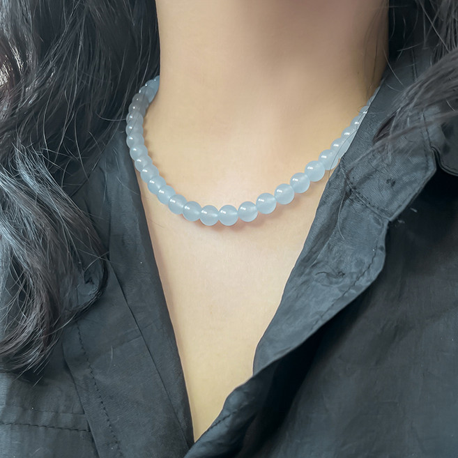 ellajour 女性高級白玉石翡翠項鍊 8mm