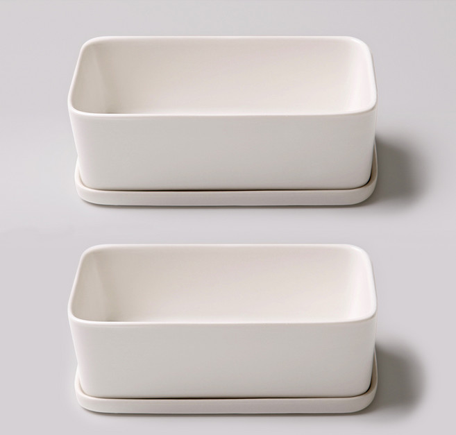 晨香 多肉植物 陶瓷 長方形 花盆 + 底盤 套組, 2組, 白色