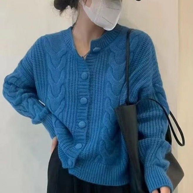 I'M MONG 女款寬鬆圓領麻花圖案針織長袖開襟衫 R6F151
