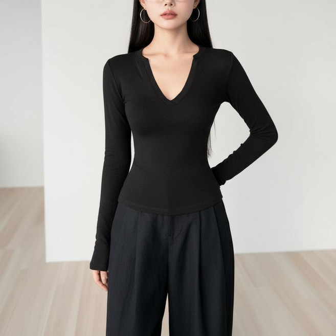 언헤브 여성용 딥브이넥 슬림 티셔츠