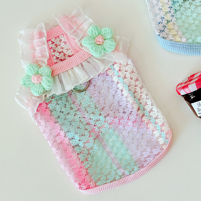 웨이비데이즈 반려동물 플라워 레이스 컬러풀 펫 나시 티셔츠 W265-0056, 레이스핑크, 1개