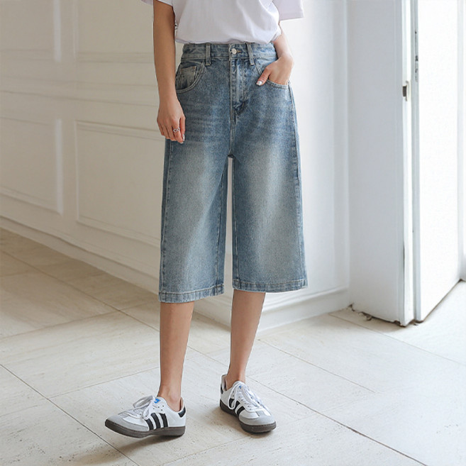 시크폭스 여성용 롱/숏 기장 유베러 사이드 핀턱 버뮤다 데님팬츠 61DP1733