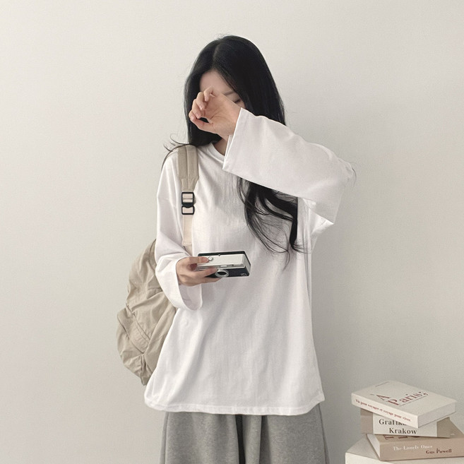 위드후이린 여성용 에센 무지 오버핏 긴팔 티셔츠