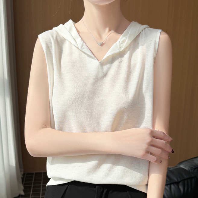 더시럽 여성용 브이넥 단색 민소매 니트 후드 티셔츠
