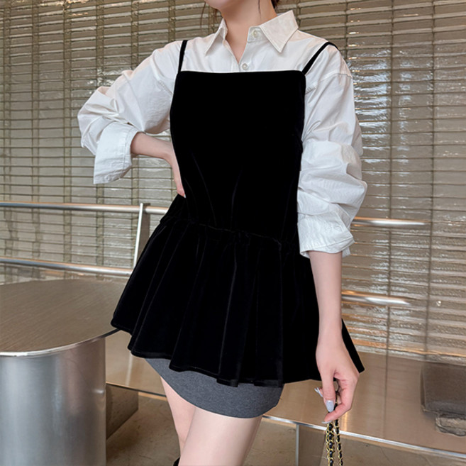 슈가펀 럼비션 프릴 끈나시 스트링 레이어드 나시 벨벳 뷔스티에