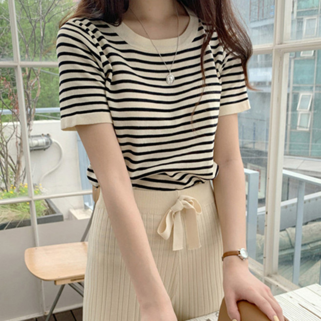 파라다이소 여성용 프렌치무드 클래식 스트라이프 반팔 티셔츠