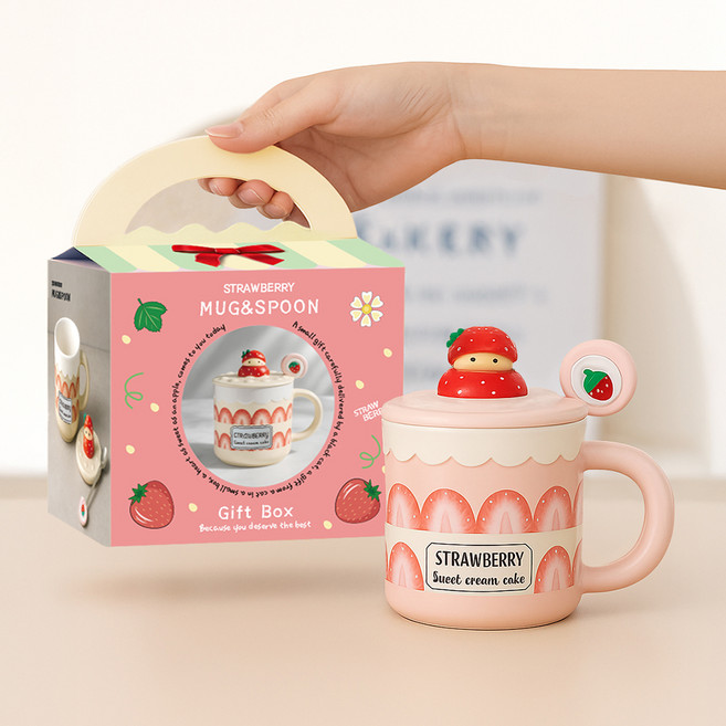 레토 딸기 머그컵 + 뚜껑 + 스푼 선물패키지 세트 400ml LMC-S03, 핑크, 1세트