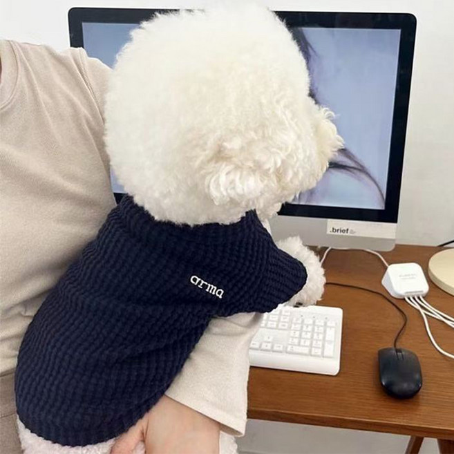 웨이비데이즈 강아지 리네 레터링 와플 티셔츠, 네이비, 1개