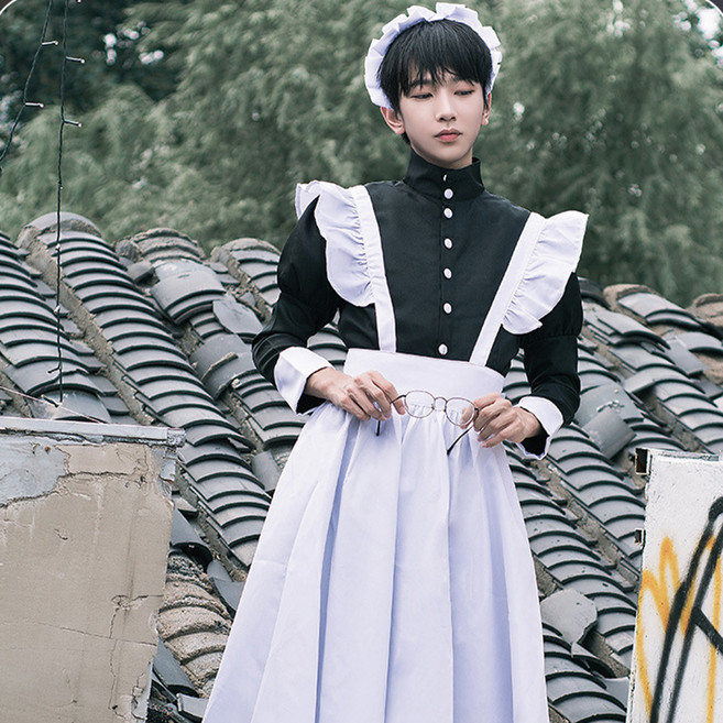 엘쏘 남성용 할로윈데이 섹시 하녀복 코스튬 + 리본머리띠 세트