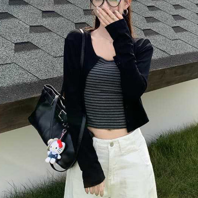 더시럽 여성용 니치 스트라이프 민소매 가디건 투피스