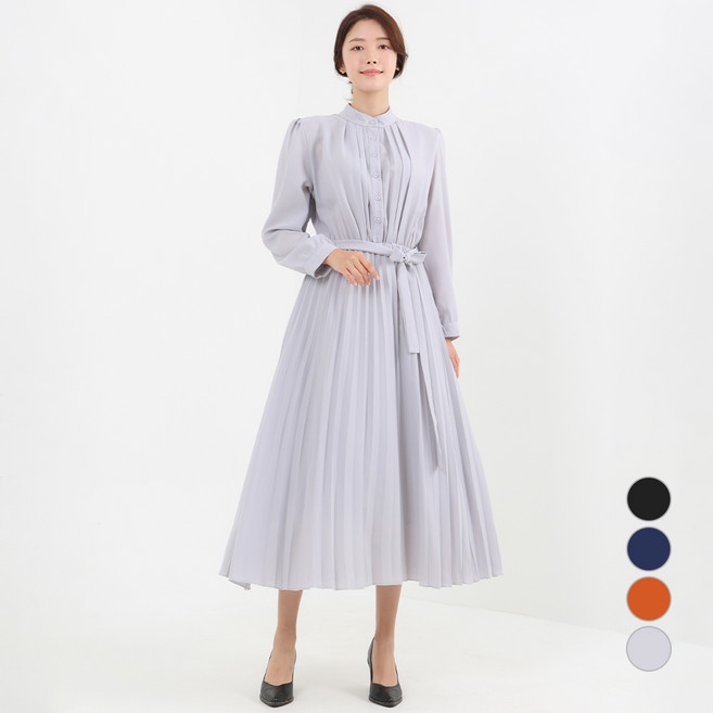 Elsso 中山領柔美百褶連身裙 含大尺碼, 銀色