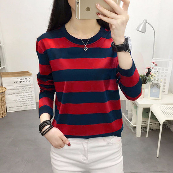 디멜디 여성용 라운드넥 배색 스트라이프 긴팔 티셔츠