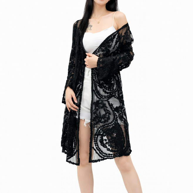 더시럽 여성용 커버업 레이스 시스루 로브 롱 가디건
