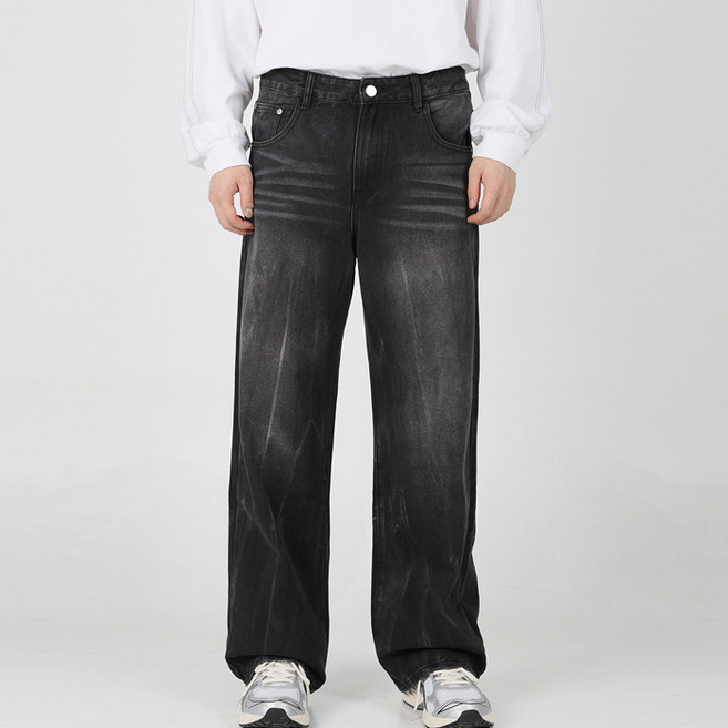 플레이즈 남성용 브러쉬워싱 와이드 데님 팬츠