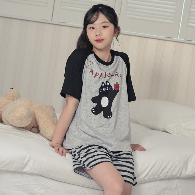 코코드림 청소년 여자 학생 사과냐옹이 반팔 반바지 홈웨어 상하의 세트