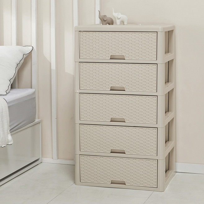 藤編雙面收納櫃, 5抽, 米色