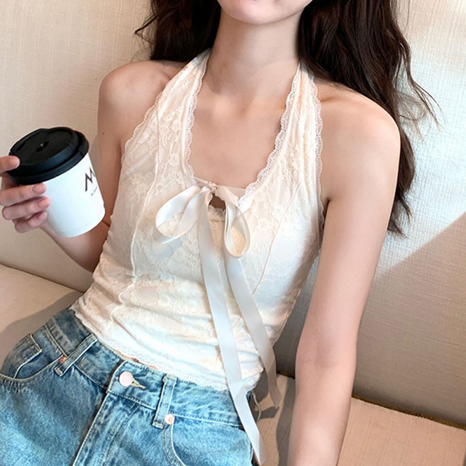 라라티나 여성용 레본터 레이스 리본 홀터넥 나시