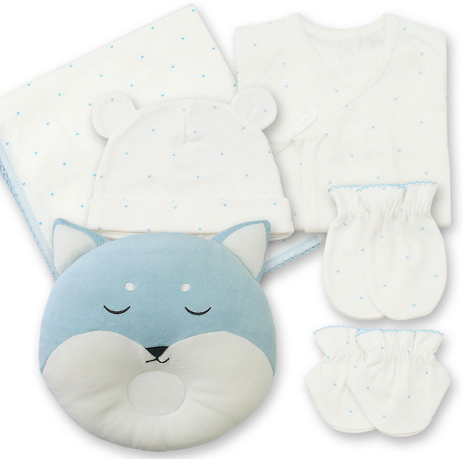 베이비베어 유아용 하트 배냇저고리 + 손싸개 + 발싸개 + 신생아모자 + 속싸개 + 여우짱구베개 세트