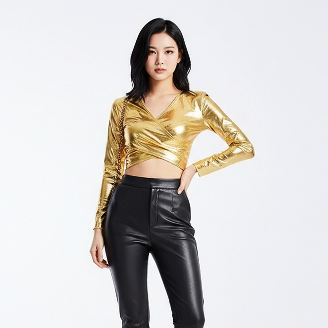 marketpia 女款舞臺舞蹈服裝 亮面長袖短版罩衫