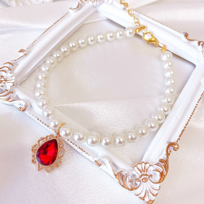 웨이비데이즈 반려동물 디아나 물방울 펜던트 비즈 목걸이, 레드, 1개