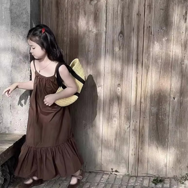 유블리 아동용 키라온 퀄테 내추럴 레이어드 조끼 셔링 롱 원피스