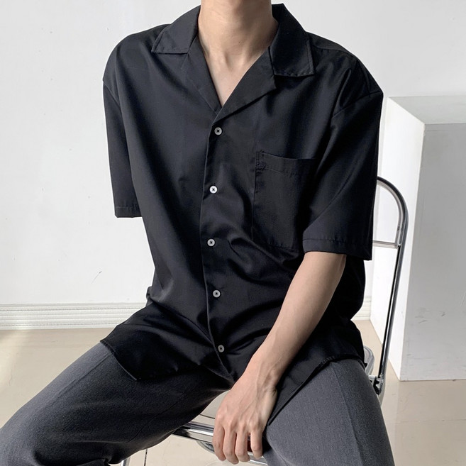 엘엑스티 남성용 오픈카라 오버핏 트윌 반팔 셔츠