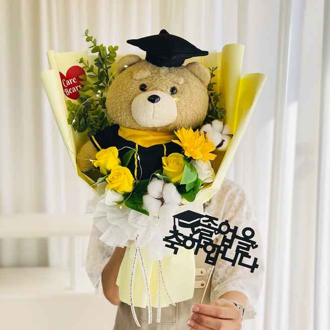 러블리팜 조화 19곰 테드 인형 꽃다발 + 토퍼 + 글루닷 + 우드스틱 + LED전구 세트, 졸업, 1개