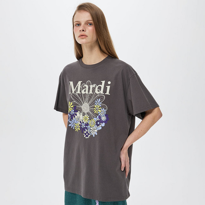 Mardi Mercredi 男女通用 花朵 JARDIN VVD 棉質T恤, 炭灰色象牙白