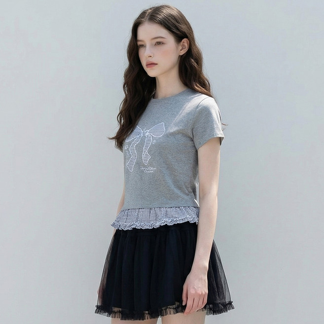 부루앤쥬디 여성용 체크리본 패치 티셔츠 BOSETS511B