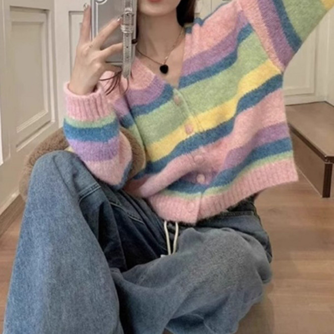 구디프 여성용 소프트 멀티컬러 브이넥 니트 보온 가디건