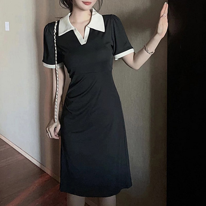 I'M MONG 女款 Bitiya 日常側開衩V領翻領長版連身裙, 黑色
