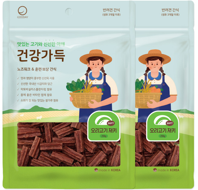 굿데이 강아지 건강가득 간식 져키, 오리고기, 250g, 2개