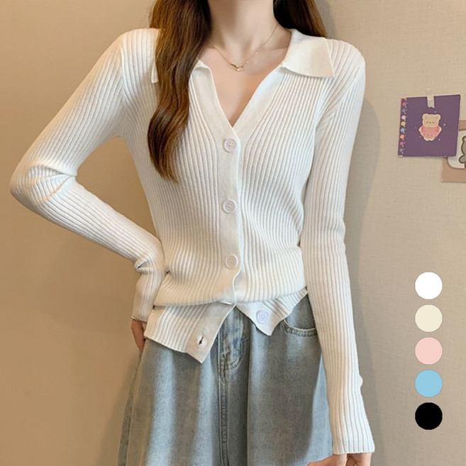 엘쏘 여성용 골지 카라 버튼 긴팔 니트