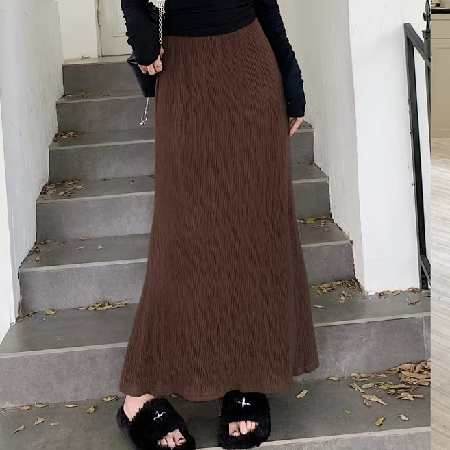 라라티나 여성용 디네로 허리밴딩 피시테일 주름 롱스커트