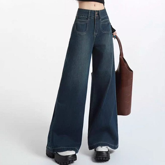 레몬소울 여성용 라비시 와이드 워싱 데님팬츠