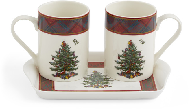 스포드 크리스마스 트리 타탄 머그 2p + 트레이 세트, 혼합색상, 1세트