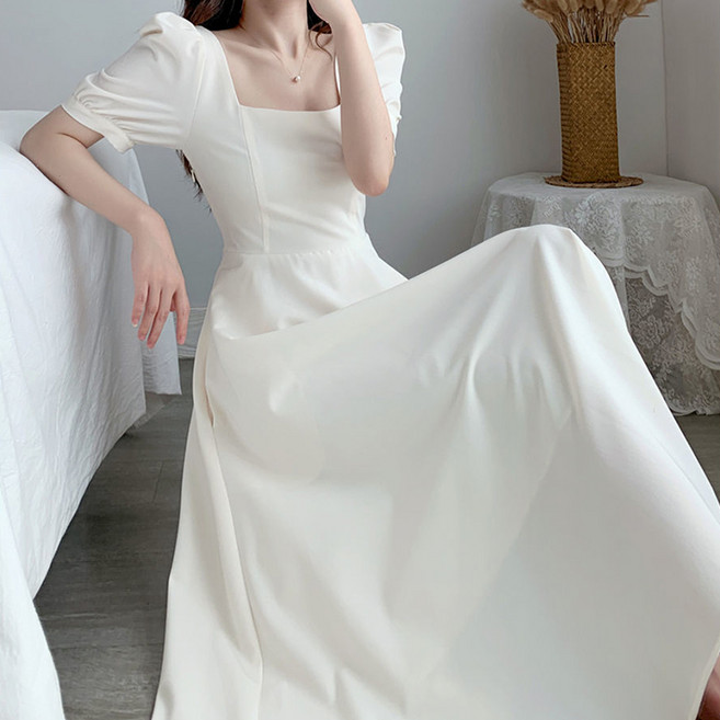 Goodif 伊莎貝爾方領泡泡袖長版傘狀洋裝, 白色