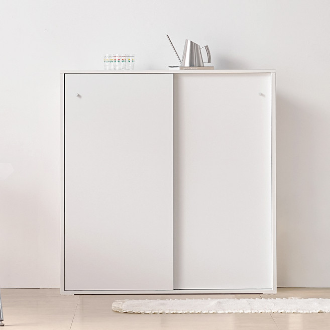 서울소호 슥 열리는 슬라이딩 4단 선반형 수납장 1150 방문설치, 화이트