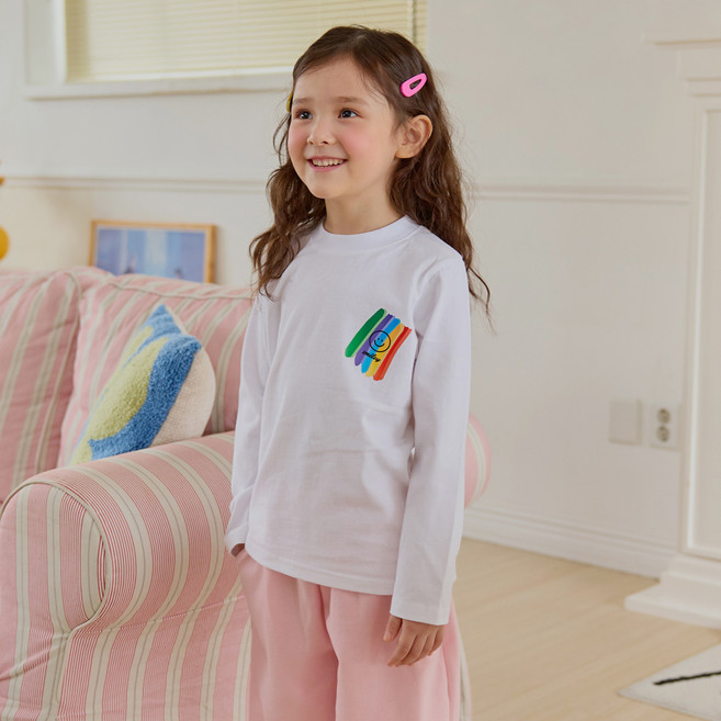유라비 아동용 레인보우 스마일 긴팔 라운드 면 티셔츠