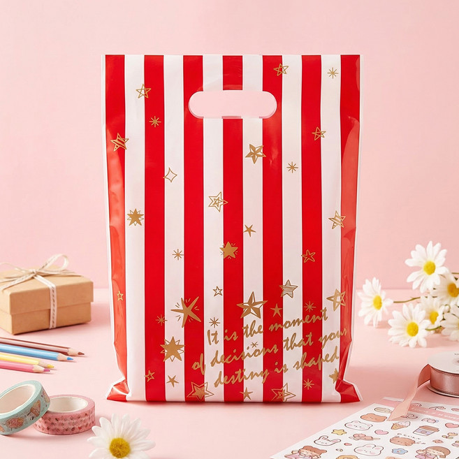 좋은기븐 손잡이 비닐 봉투 대, 별빛스트라이프 레드, 40개