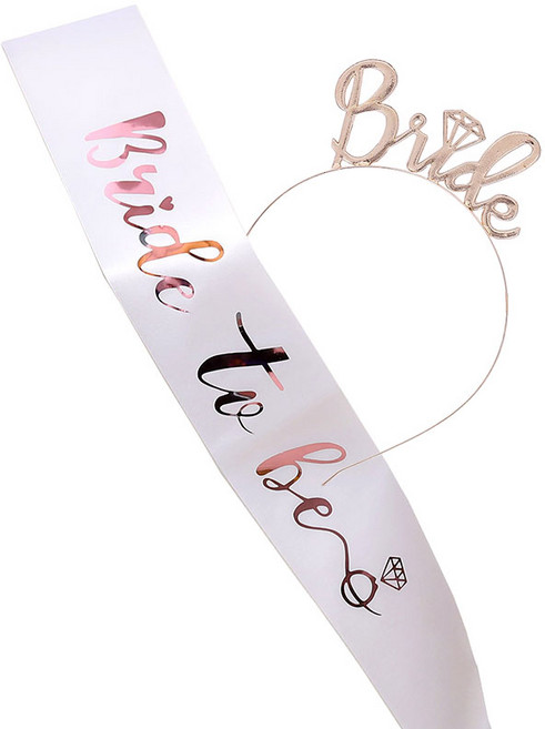 조이파티 메탈릭 브라이덜샤워 머리띠 + 어깨띠 Bride to be 세트, 화이트, 로즈골드, 1세트