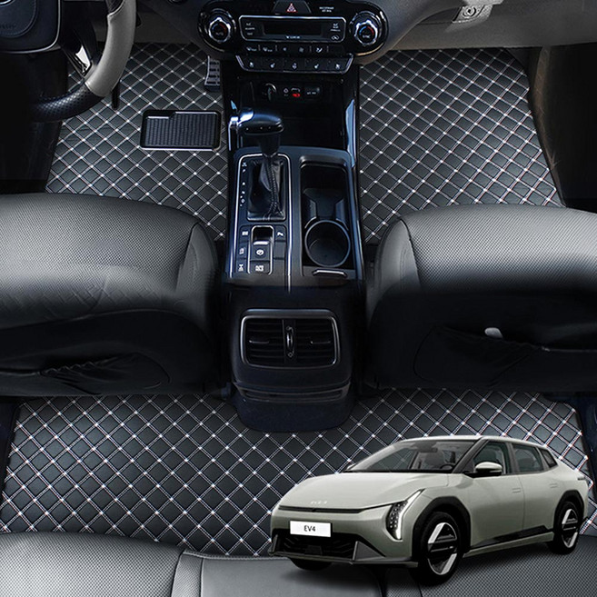지엠지모터스 퀼팅 가죽 자동차 바닥매트, 블랙앤화이트스티치, 기아 EV4전용