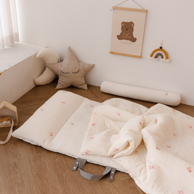 vivienda 幼童棉質雙面薄被+薄墊睡袋組 分離式, 粉色兔子款