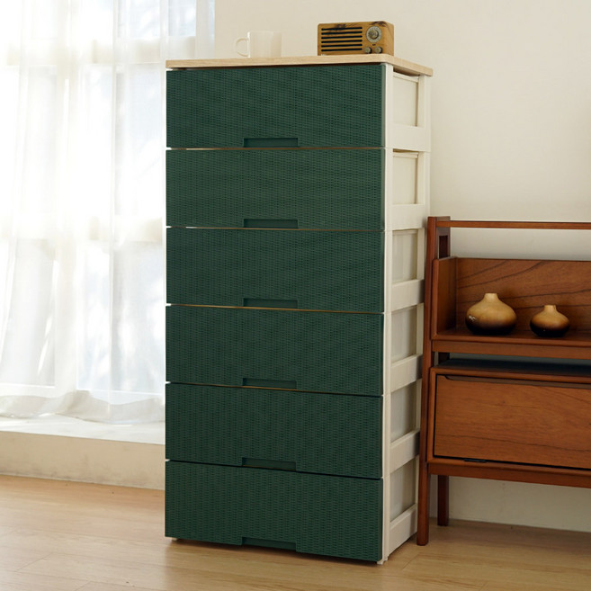 보노하우스 국내 제조 라탄플러스 우드상판 서랍장, 6단, 딥그린
