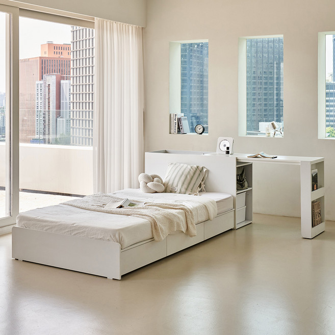 레이디가구 데이룸 책상형 수납 침대 프레임 SS 방문설치, 데이 화이트