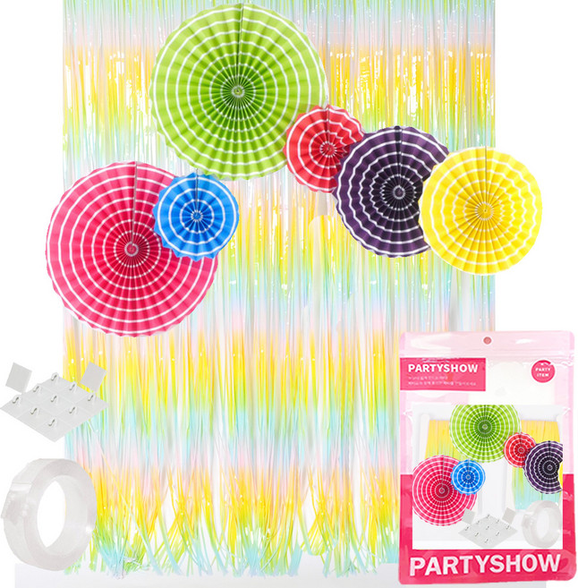 파티쇼 환타스틱팬 커튼 파티장식 세트, 라운드패턴(팬), 마카롱(수술커튼), 1세트