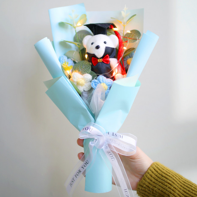 스투피드 졸업식 니트 뜨개질 곰돌이 꽃다발 + 쇼핑백, 블루, 1개