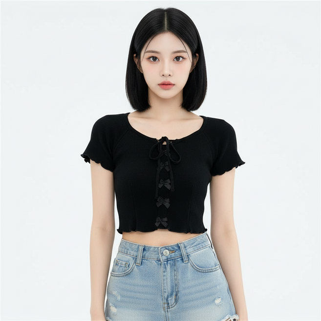 MARKETPIA 女款蝴蝶結綁帶方領短版短袖T恤